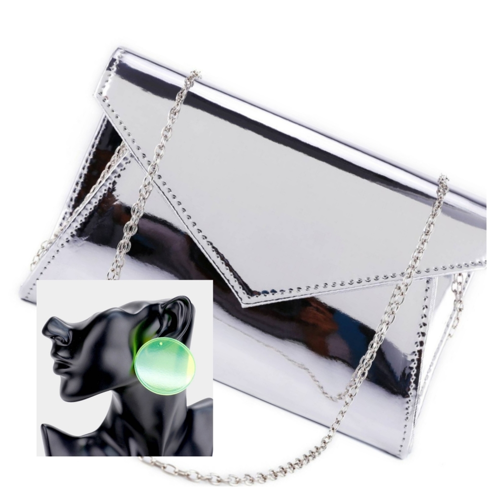 Metallic silver clutch purse handbag neon earring